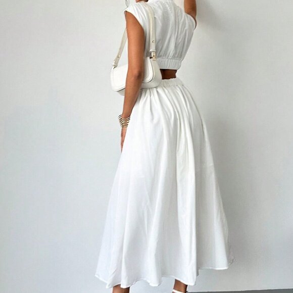 White Elegant Women's Hollow Pocket Cinched Waist Casual Midi Dress - Picture 4 of 7